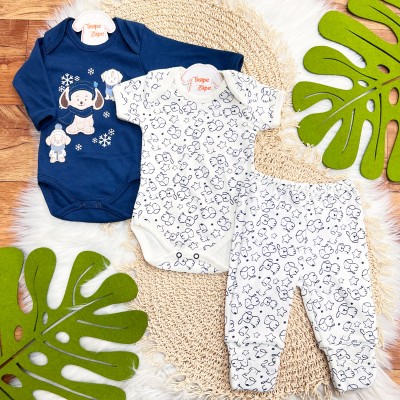  CONJ. DE MALHA 3 PEÇAS - Doguinhos Quentinhos - Marinho e Off White